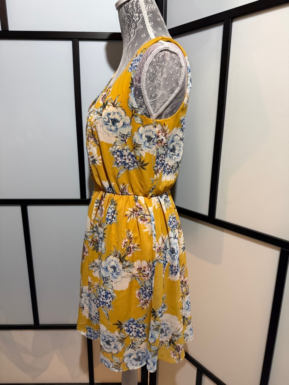 by & by Yellow Floral Sleeveless Midi Dress with Blue and White Blooms - Picture 2 of 6